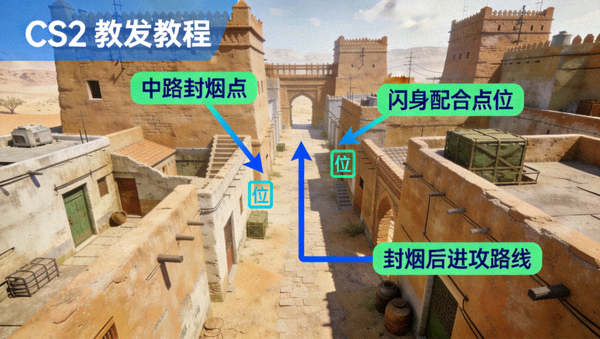 CS2荒漠迷城地图中路封烟与闪身配合点位教学示意图