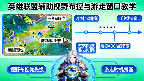 英雄联盟辅助视野布控与游走窗口教学示意图