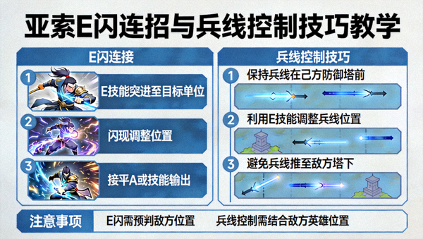 英雄联盟亚索E闪连招与兵线控制技巧教学示意图